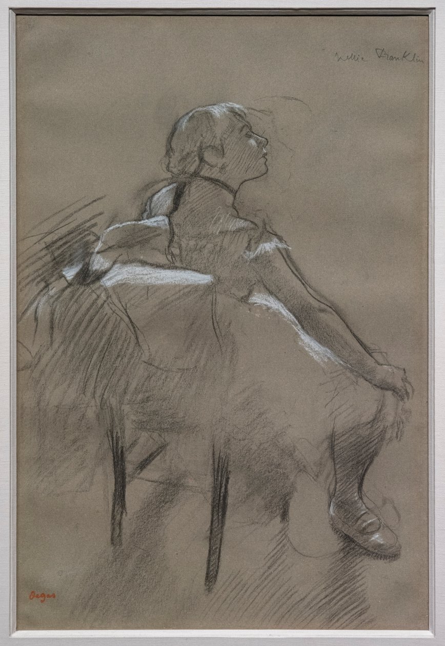 Istuva tanssija (Nelly Frankly). Noin 1880. Valkoisella liidulla paperille nostettu hiili. Erikoiskokoelma. tekijältä Edgar Degas