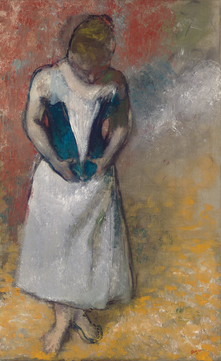 Seisova nainen edestä katsottuna, korsettinsa kiinni; Femme debout et vue de face, agrafant son -korsetti tekijältä Edgar Degas