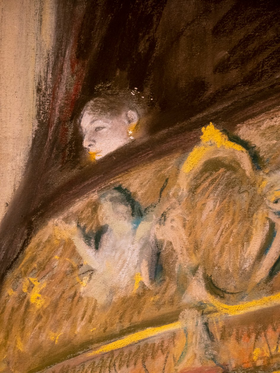 Opiskelu majasta teatterissa (yksityiskohta). 1880. Pastelli ja öljy pahville maroufle kankaalle. tekijältä Edgar Degas