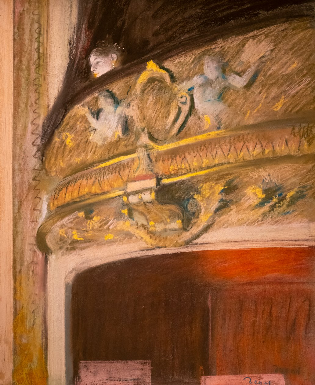 Opiskelu majasta teatterissa. 1880. Pastelli ja öljy pahville maroufle kankaalle. tekijältä Edgar Degas