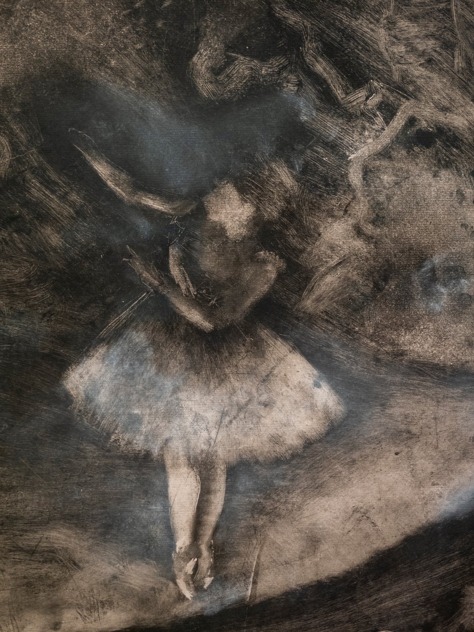 The Master of Ballet (yksityiskohta) (toteutettu yhteistyössä Ludovic Lepicin kanssa). 1876. Monotypia mustalla musteella valkoisella liidulla tekijältä Edgar Degas