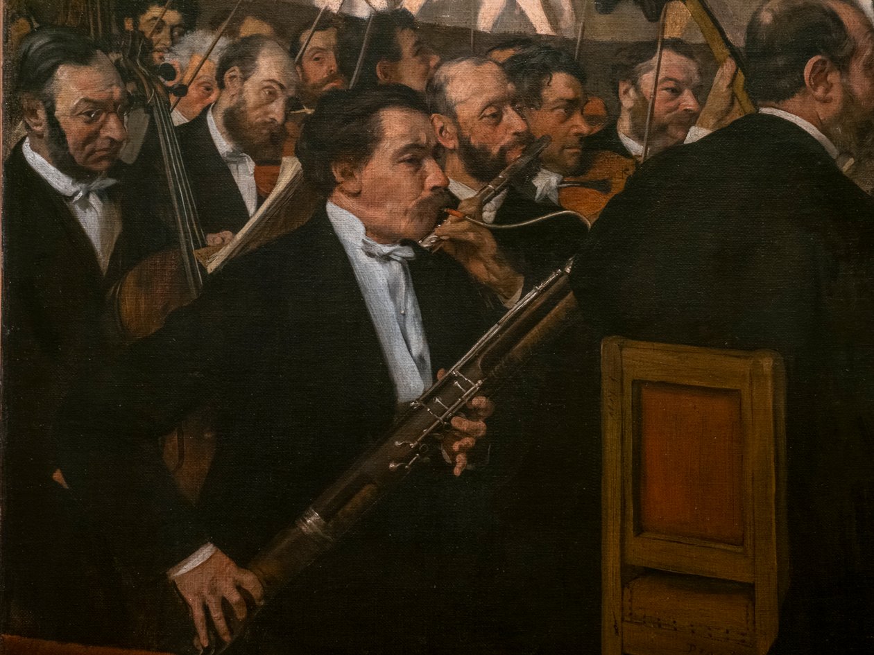 Oopperan orkesteri (yksityiskohta). 1870. Öljy kankaalle. tekijältä Edgar Degas