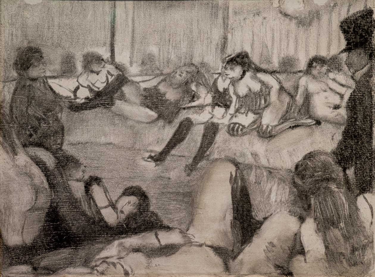 Salonki. 1879. Monotypiassa on musta muste, pastelli korostaa. tekijältä Edgar Degas