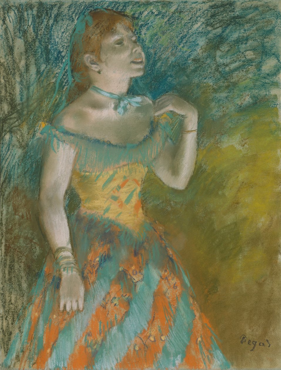 Laulaja vihreässä, n.1884 (pastelli vaaleansiniselle kerrostetulle paperille). tekijältä Edgar Degas