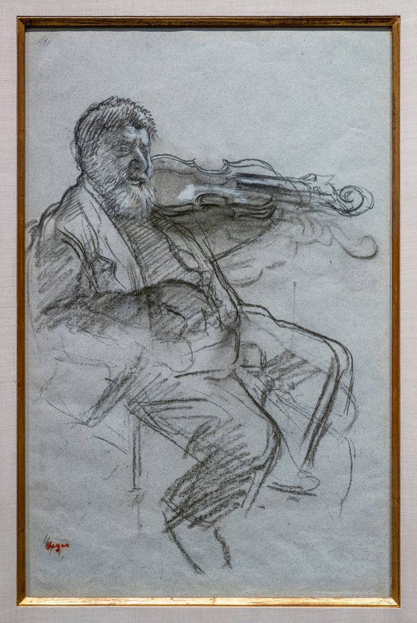 Viulisti. 1879. Hiilen ja valkoisen liidun kohokohdat siniharmaalla paperilla. Boston, Museum of Fine Arts, William Francis Warden Fund. tekijältä Edgar Degas