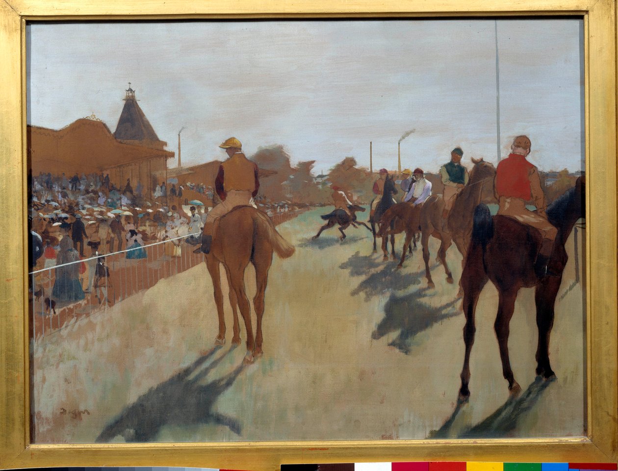 Defile sanoo ""kilpahevoset katsomoiden edessä"" Edgar Degasin (1834-1917) maalaus 1866-1868. Himmeä. 0,46 x 0,61 m. Pariisi, Musee d
