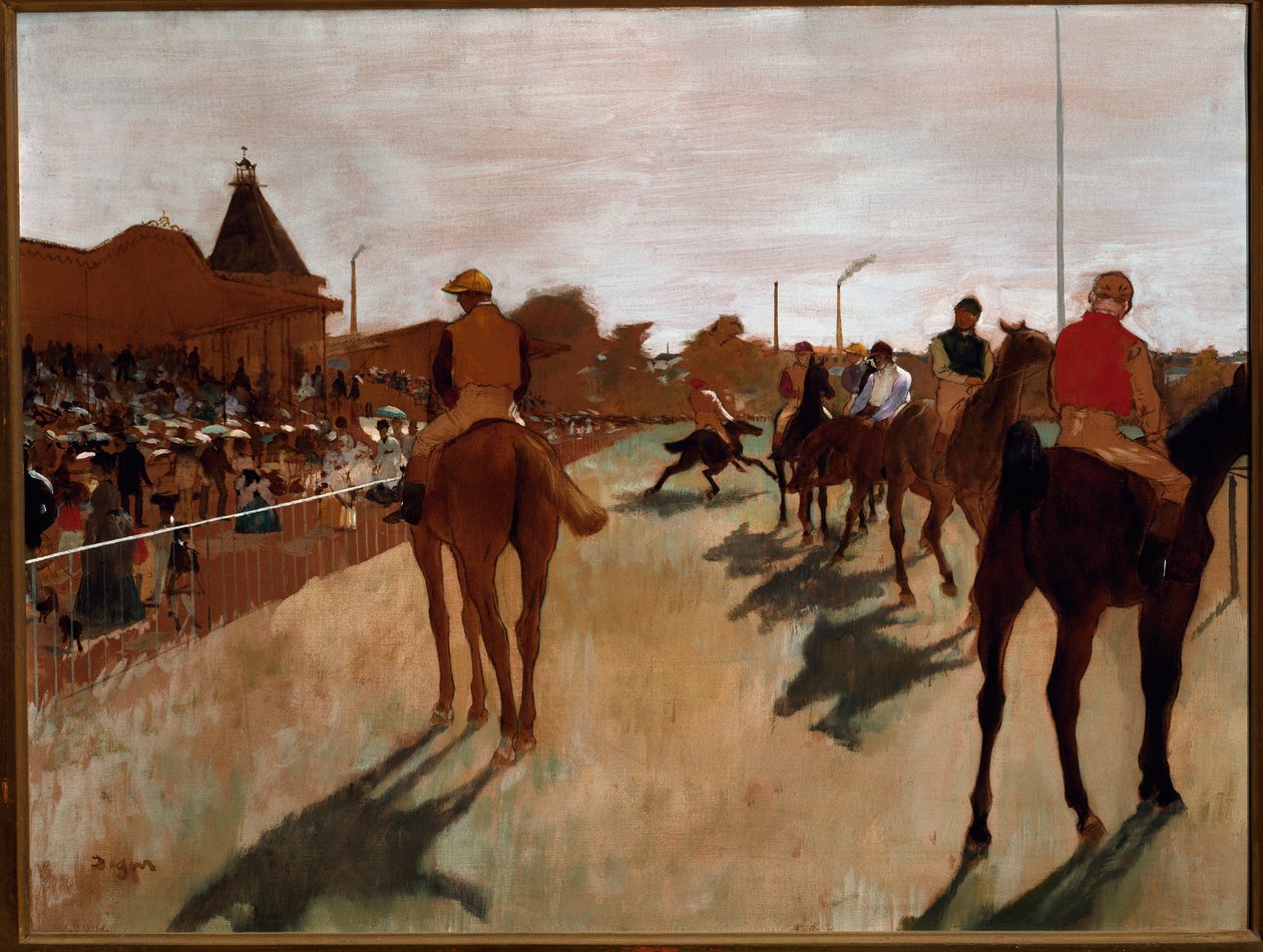 Paraati tai kilpahevoset katsomoiden edessä (öljy kankaalle tekijältä Edgar Degas