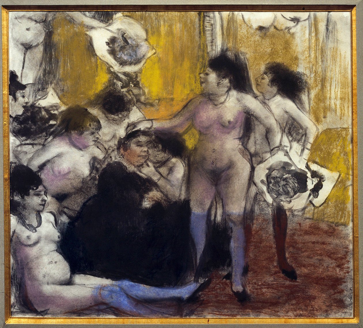Suojelija Maisonin juhlat suljetaan proksenetin kunniaksi järjestettävien juhlien aikana. Edgar Degasin maalaus tekijältä Edgar Degas