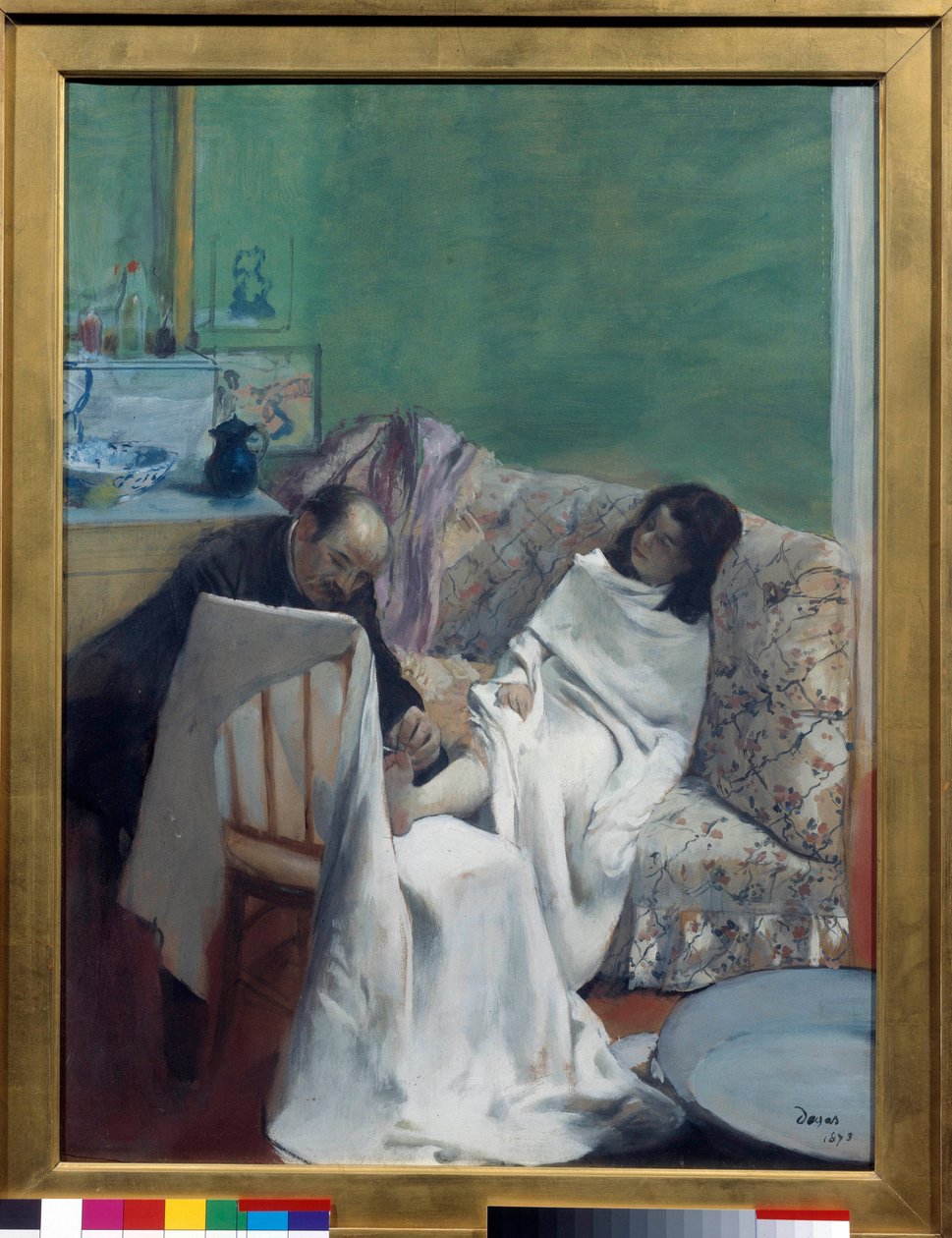 Pedikyyri Lääkäri tutkii nuoren naisen jalat. Edgar Degasin (1834-1917) maalaus. 1873. Koko 0,61 x 0,46 m. Pariisi, Musee d