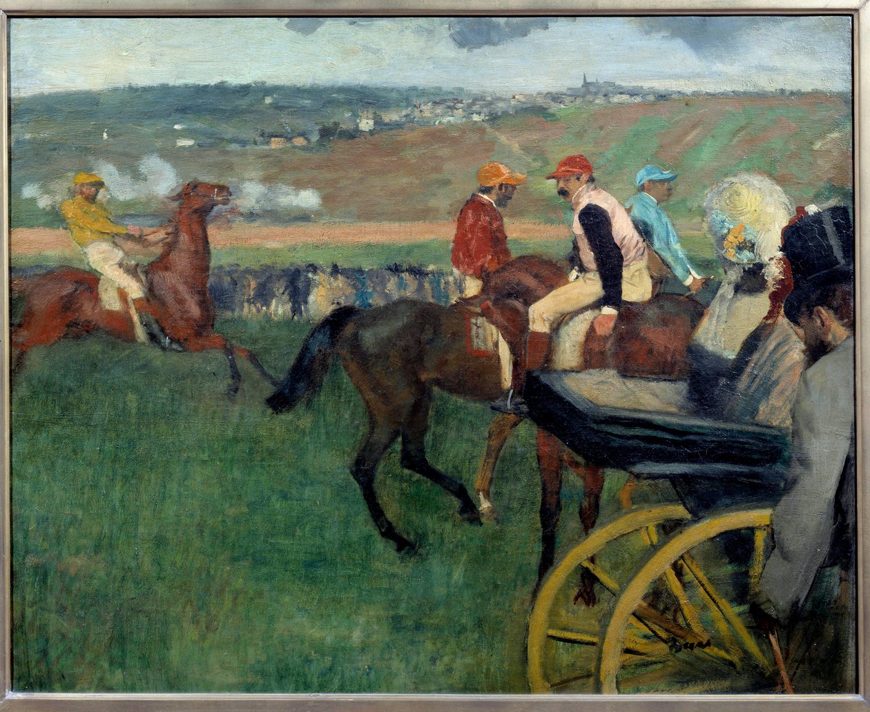 Kilparata, amatöörijockeys lähellä autoa Edgar Degasin maalaus (1834-1917) 1876-1887 su. 0,66 x 0,81 m Pariisi, Musee d