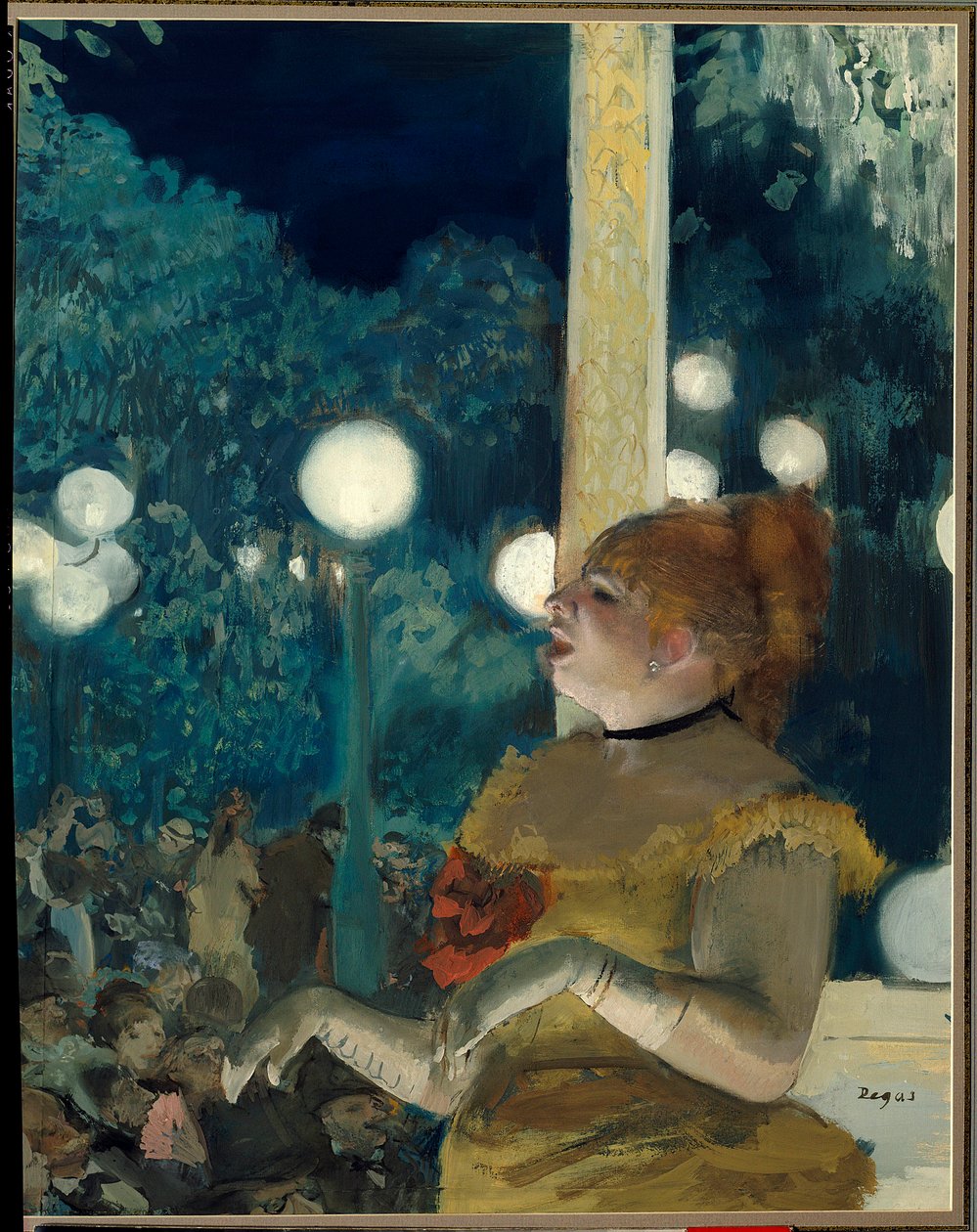 Koiran laulu (Emma Valladon nimeltä Theresa (1837-1913) kahvilakonsertissa) Edgar Degasin (1834-1917) maalaus, guassi ja pastelli, 57,5 cm x 45 cm tekijältä Edgar Degas