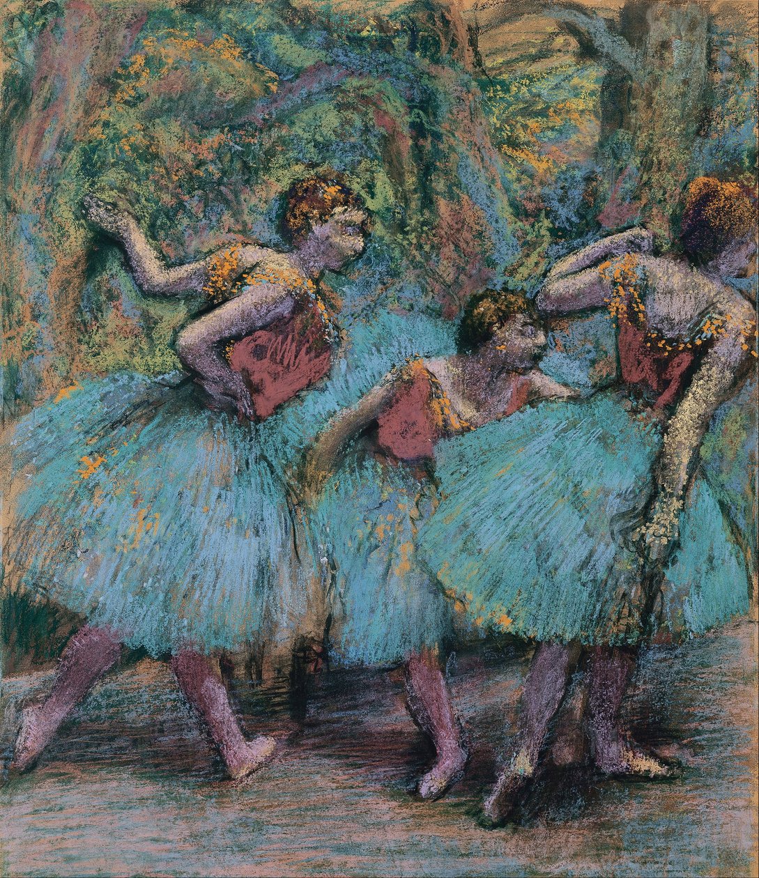 Kolme tanssijaa (siniset tutut, punaiset yläosat) tekijältä Edgar Degas
