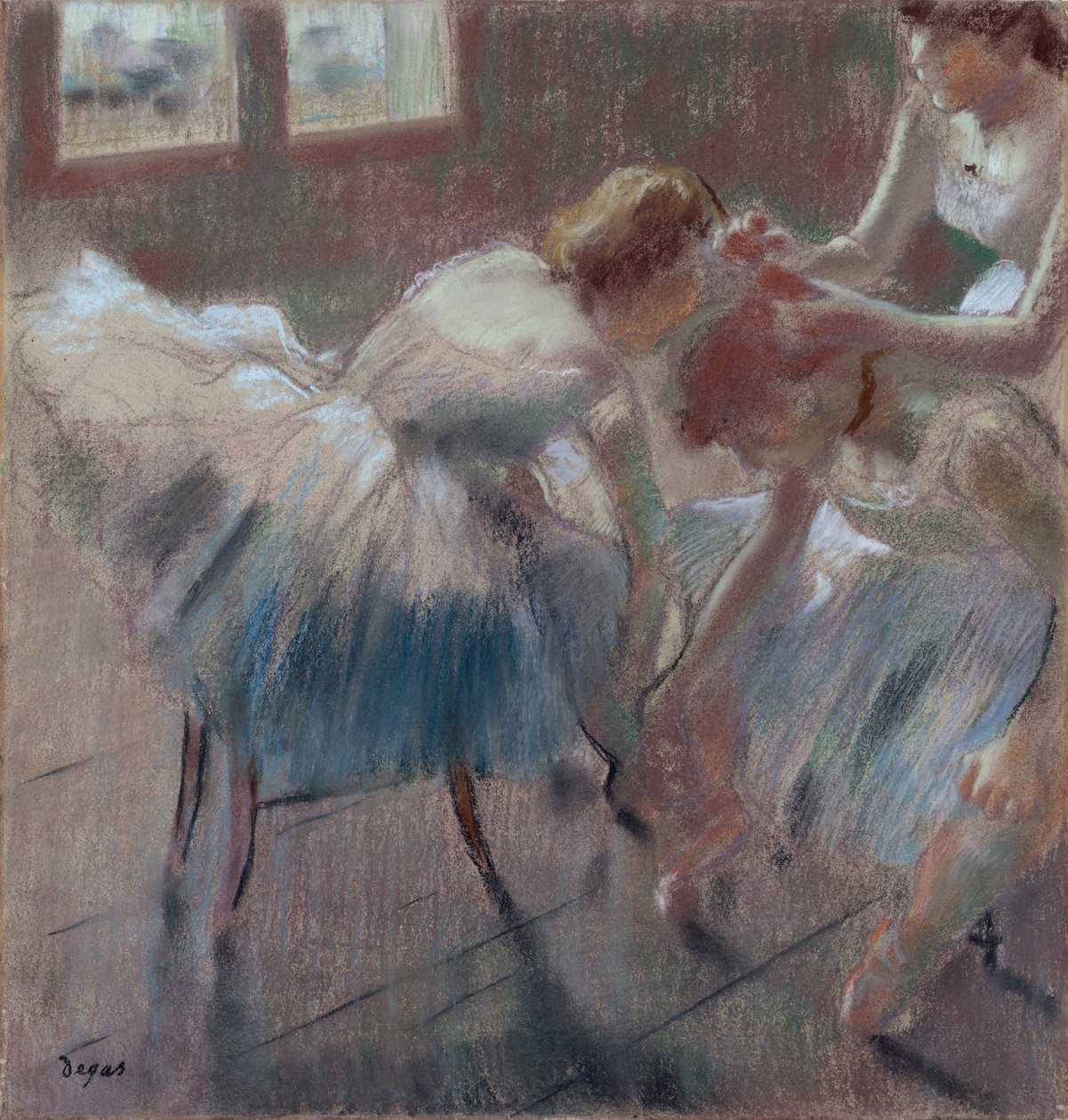 Kolme tanssijaa valmistautumassa tunnille, n.1880 (pastelli vaahtomuovipaperille). tekijältä Edgar Degas