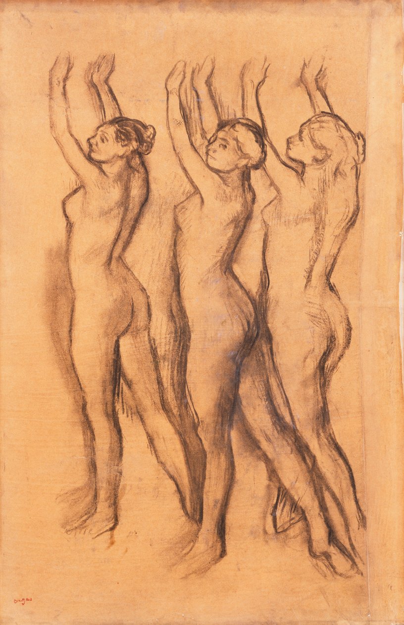 Kolme tanssijaa body-asuissa, kädet koholla, tekijältä Edgar Degas