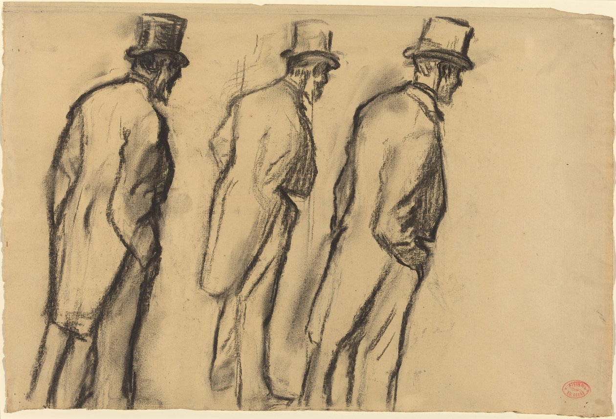 Kolme tutkimusta Ludovic Halévyn seisomisesta, n. 1880 (hiili ruskean ruskean paperin päällä) tekijältä Edgar Degas