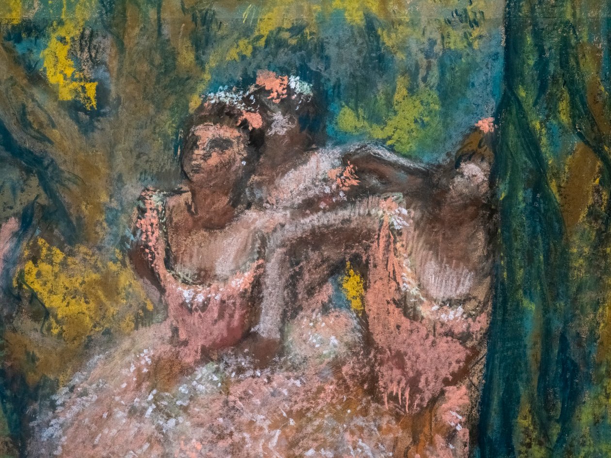 Kolme tanssijaa lohihameissa (yksityiskohta). 1904-1906. Pastelli maroufle-paperilla pahville. tekijältä Edgar Degas