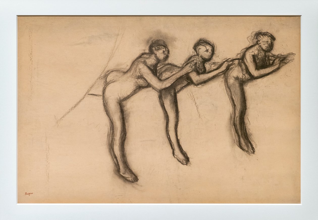 Kolme alaston tanssijaa arabeskissa. Noin 1892-1895. Puuhiili paperilla liimaa kartonkia. tekijältä Edgar Degas