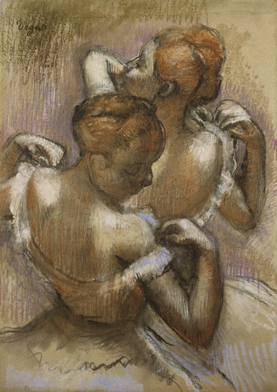 Kaksi tanssijaa säätelemässä olkahihnojaan, n. 1897 tekijältä Edgar Degas