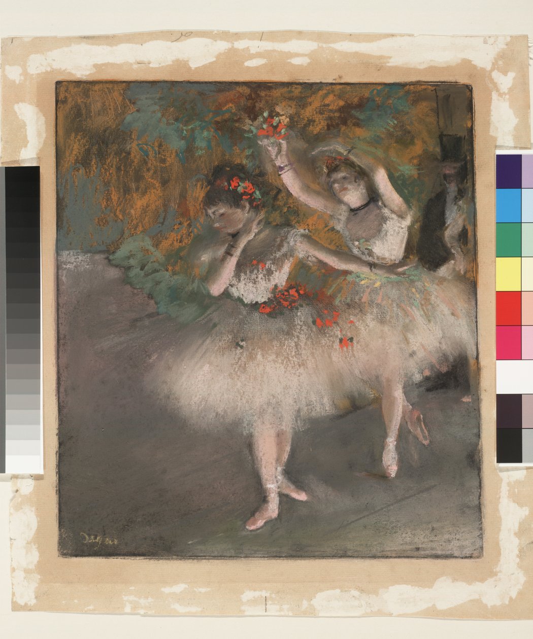 Kaksi tanssijaa astumassa lavalle, n. 1877-1878 (pastelli monotypialla paperilla) tekijältä Edgar Degas