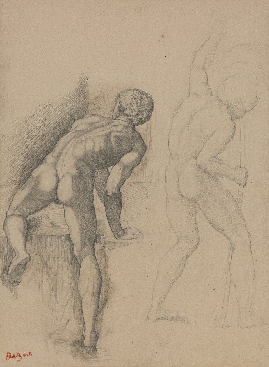 Kaksi alastonmiestä, 1856-57 (grafiittikynä tummalla kermanvärisellä paperilla) tekijältä Edgar Degas