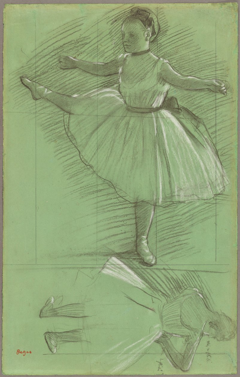 Two Studies of Dancers, n. 1873 (mustavalkoinen liitu vihreälle paperille) tekijältä Edgar Degas
