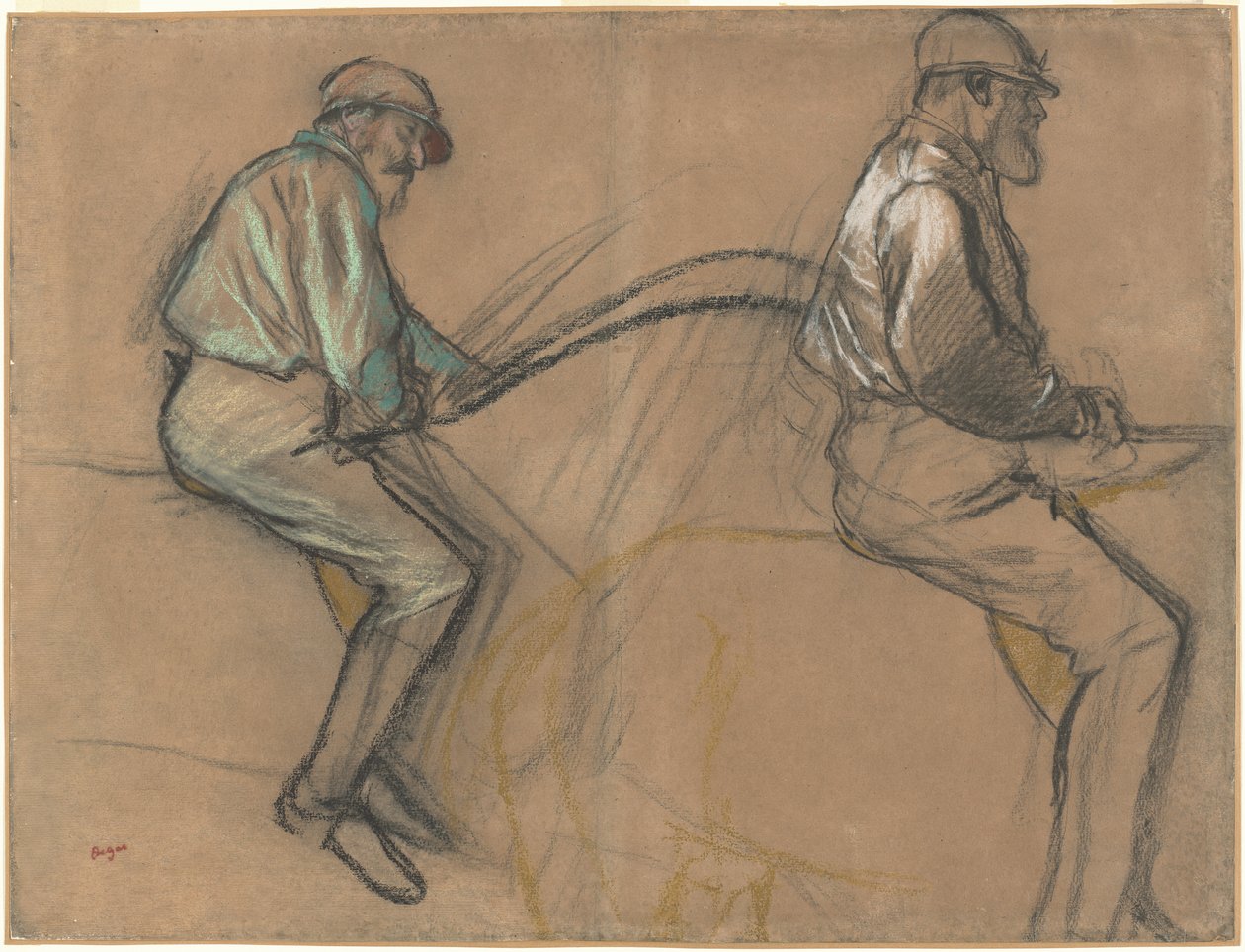 Kaksi jääkiekkotutkimusta, n.1884 (liitua, hiiltä ja pastellia ruskealle liimapaperille). tekijältä Edgar Degas