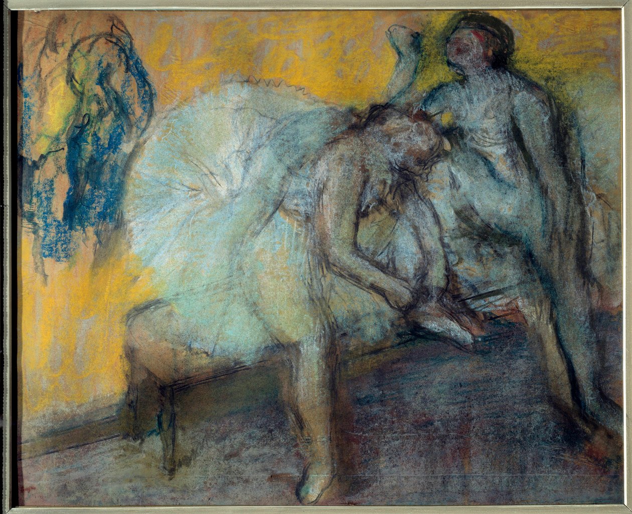Kaksi tanssijaa levossa Edgar Degasin (1834-1917) pastelli ja hiili säämiskäpaperille. 1910-1912 Koko 0,78x0,96 m Pariisi, Musee d