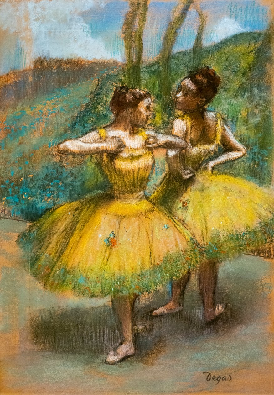 Kaksi tanssijaa keltaisessa. Noin 1896. Pastelli ja hiili kahdella paperiliuskalla. tekijältä Edgar Degas