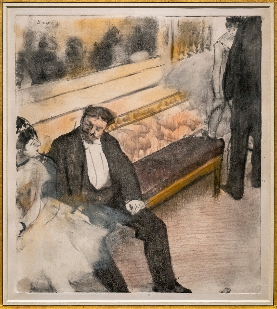 Kaksi miestä ja kaksi tanssijaa. Noin 1876-1877. Pastelli monotypialla. tekijältä Edgar Degas
