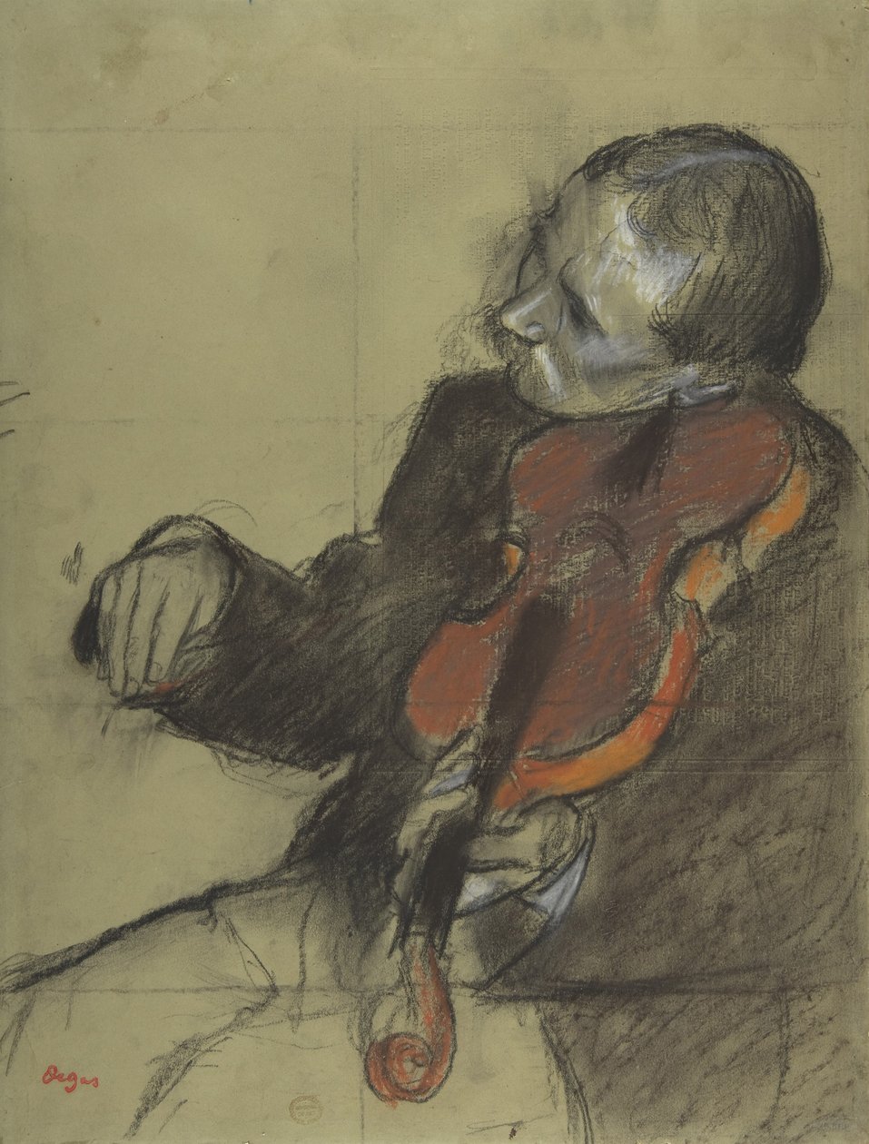 Viulisti, tanssitunnin opinnäytetyö, 1878-79 (pastelli ja hiili vihreälle paperiarkille). tekijältä Edgar Degas
