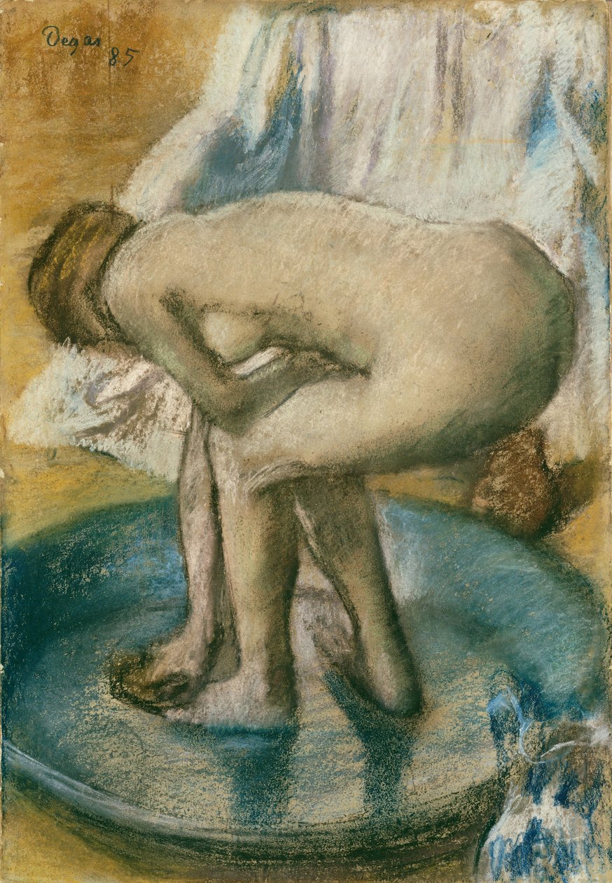 Nainen kylpemässä matalassa ammeessa, 1885 (Hiili ja pastelli vaaleanvihreälle paperiarkille, silkkikangas) tekijältä Edgar Degas
