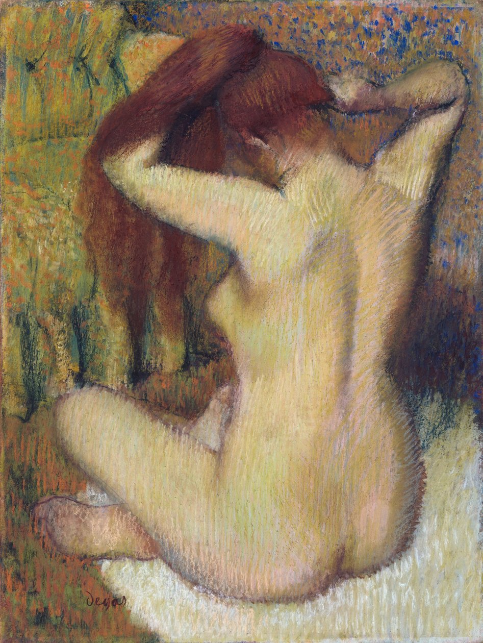 Nainen kampaamassa hiuksiaan, n.1888-90 (pastelli vaaleanvihreälle vohvelipaperille kiinnitettynä kiinnikkeeseen). tekijältä Edgar Degas