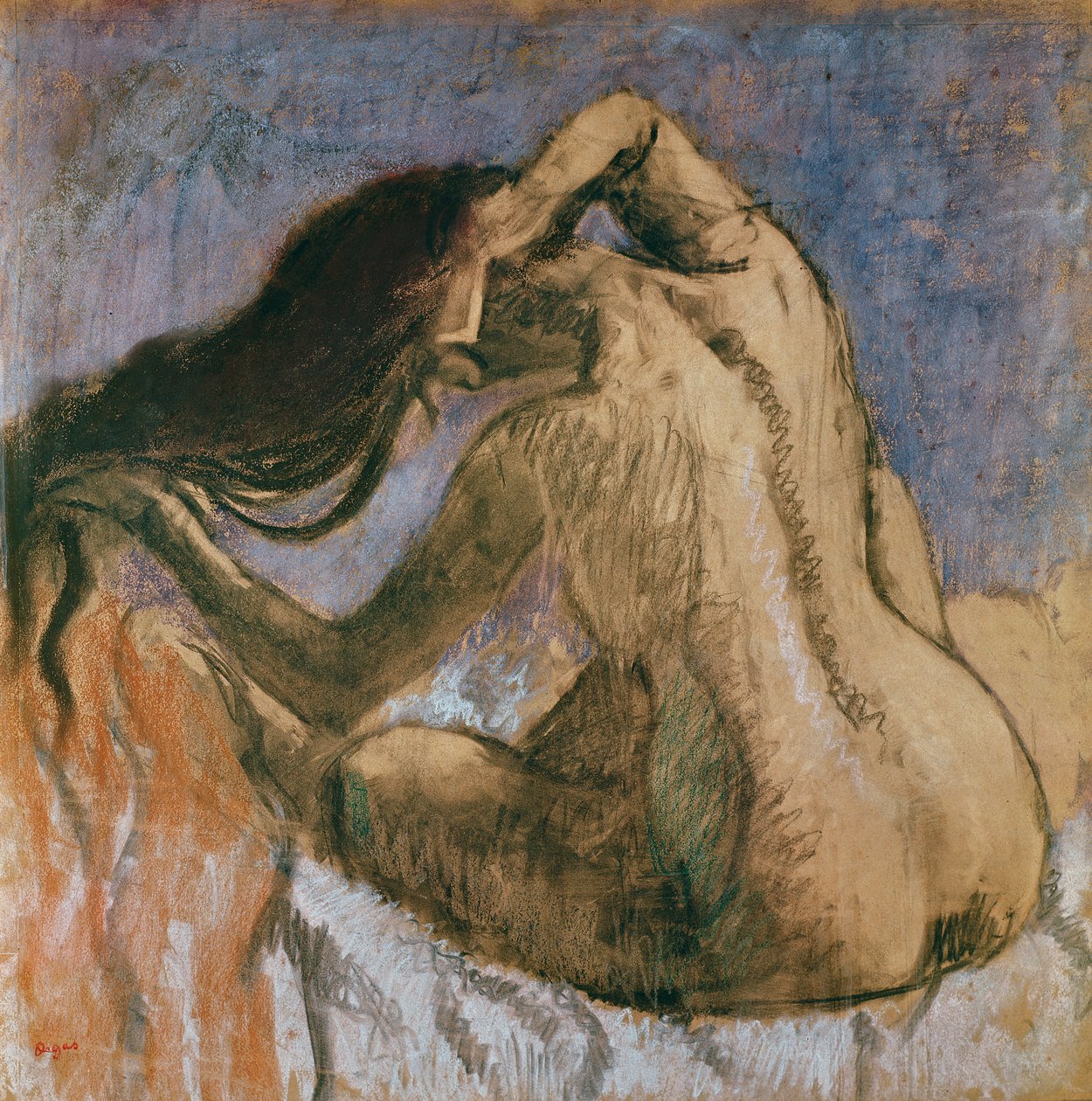 Nainen kampaava hiuksia, 1905-10 (pastelli paperille) tekijältä Edgar Degas