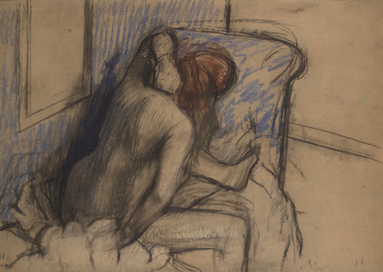 Nainen kuivaamassa hiuksiaan, noin 1902 (hiili ja pastelli). tekijältä Edgar Degas