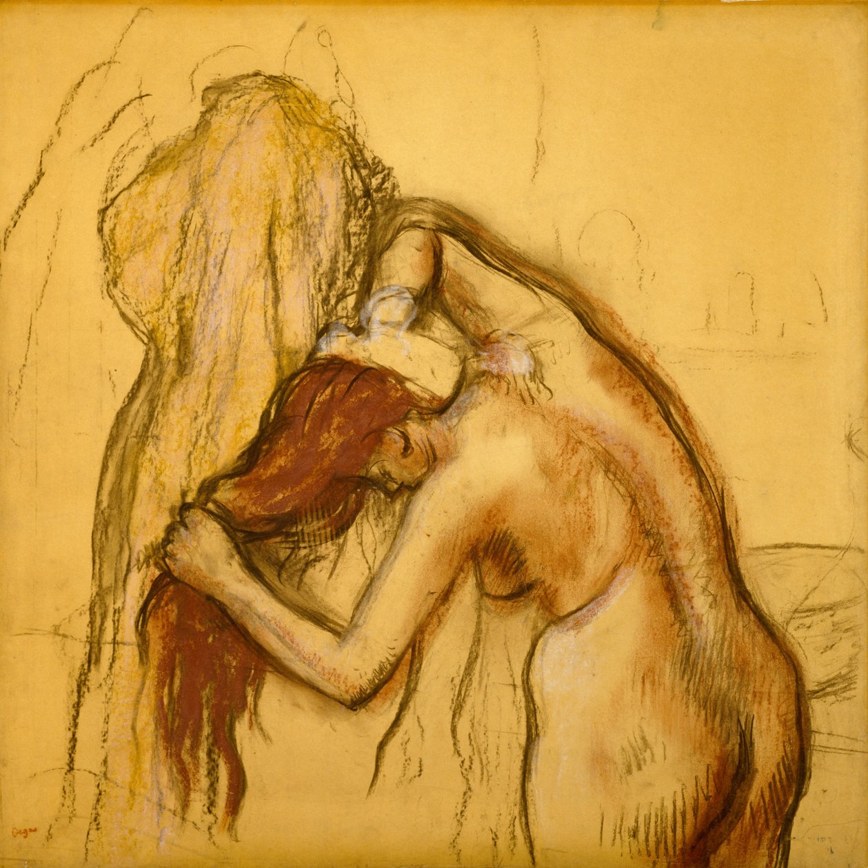 Nainen kuivaamassa itseään, n. 1905 (hiili ja pastelli paperille levitetylle kuultopaperille) tekijältä Edgar Degas