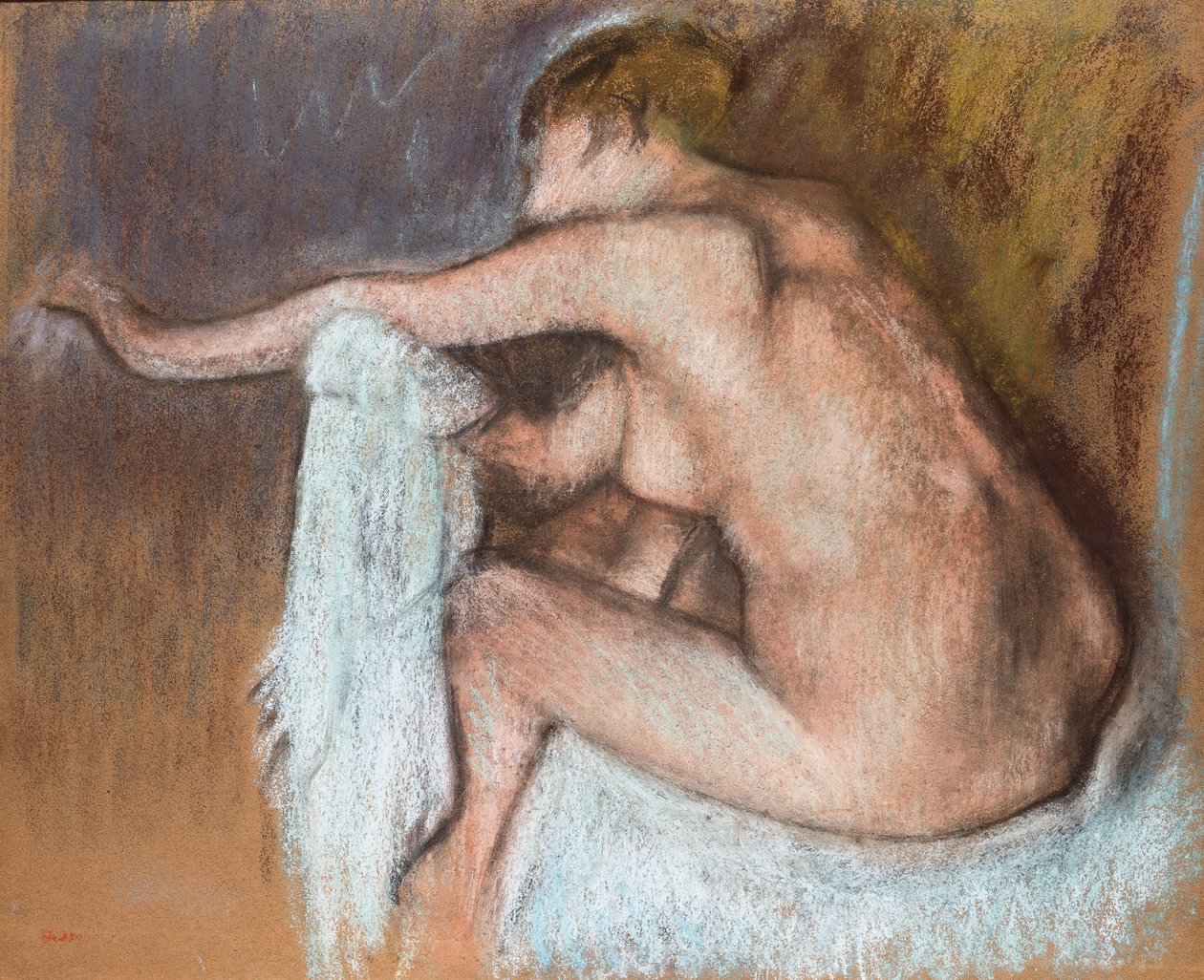 Nainen kuivaamassa käsiään; Nainen pyyhkiä käsiään, n. 1884 tekijältä Edgar Degas