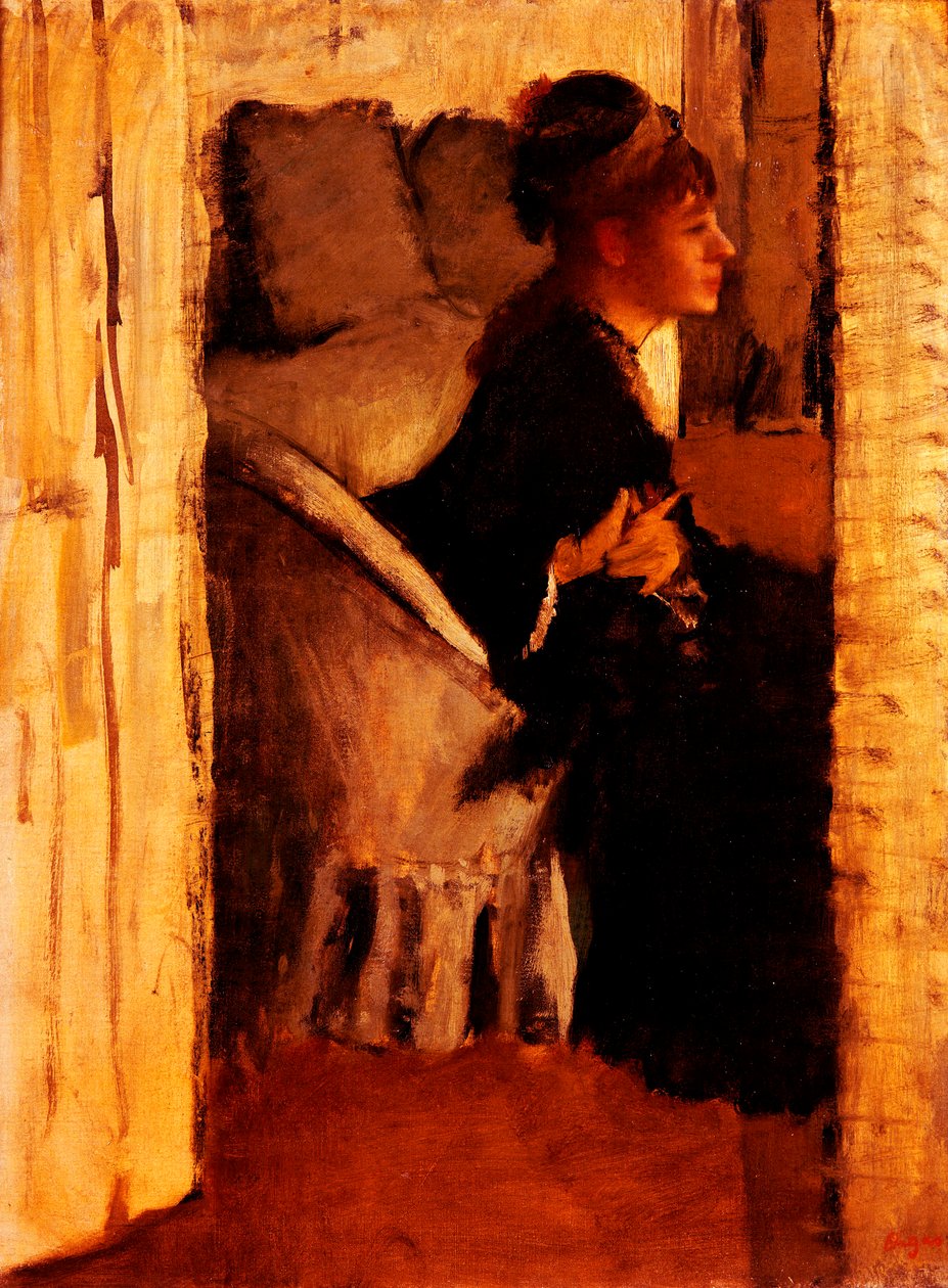Nainen pukee hanskojaan (öljy kankaalle) tekijältä Edgar Degas