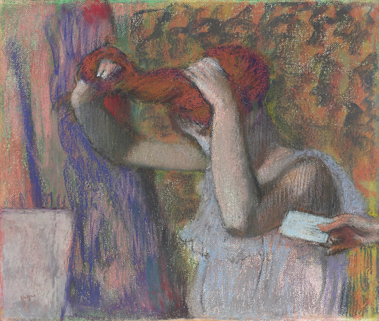 Nainen muotoilemassa hiuksiaan, kirje; Hiuksiaan kampaava nainen, kirje, n. 1888-1892 tekijältä Edgar Degas