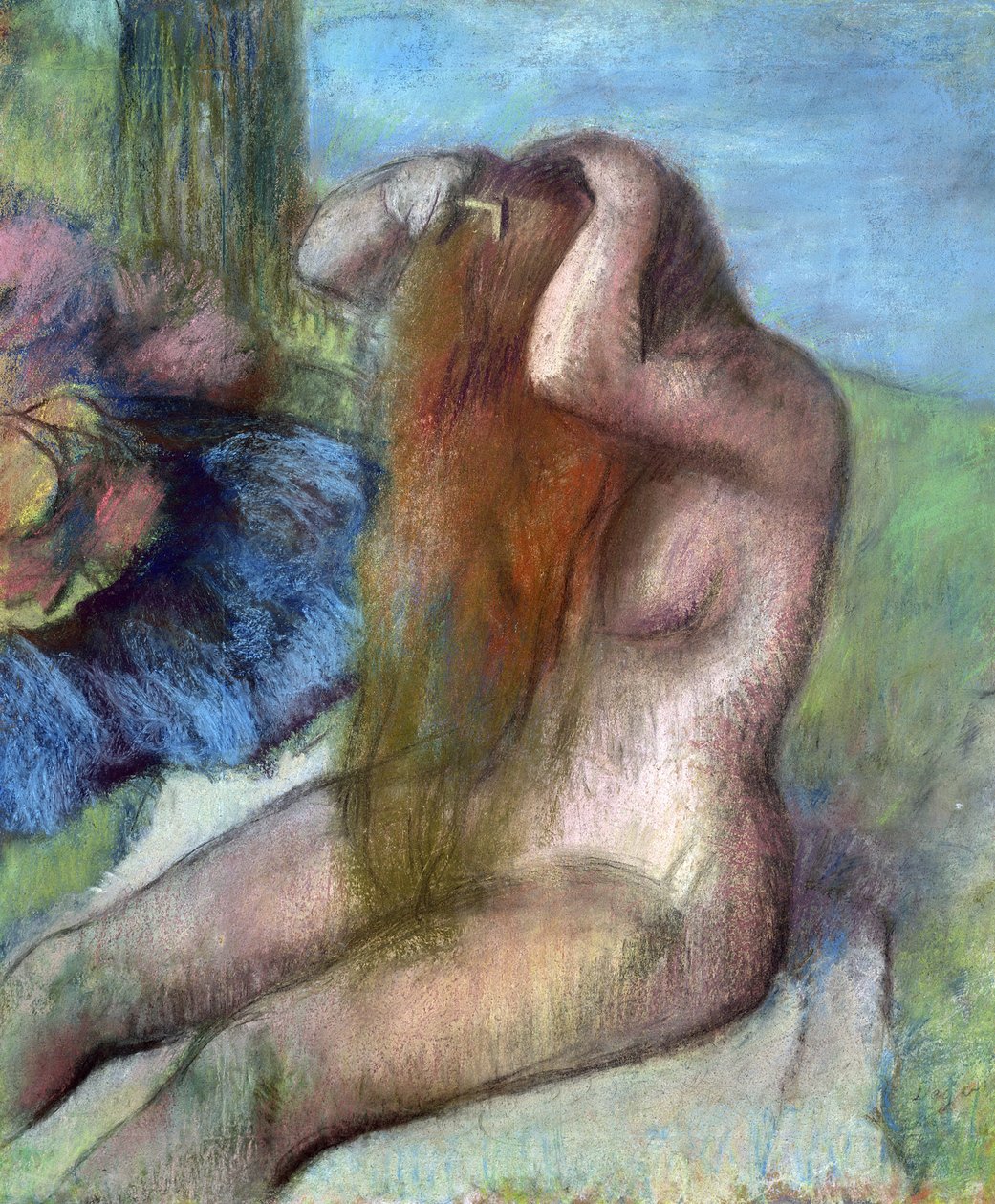Nainen hoitamassa hiuksiaan, n. 1895 (pastelli) tekijältä Edgar Degas