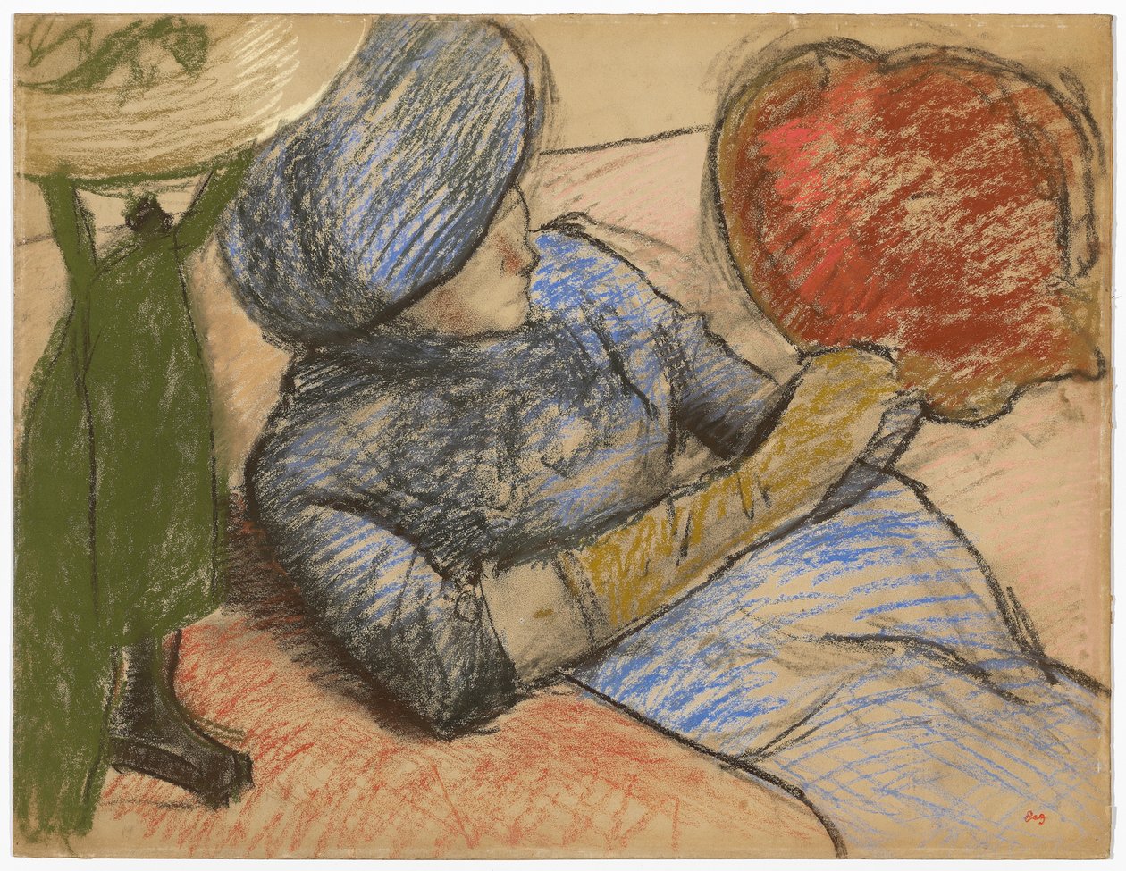 Nainen pitelee hattua kädessään, n. 1885 tekijältä Edgar Degas