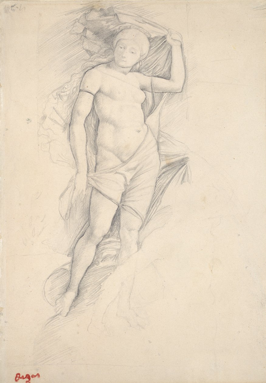 Nainen, osittain verhottu, hieman Kentaurista, alhaalla oikealla, 1800-luvun loppu tekijältä Edgar Degas