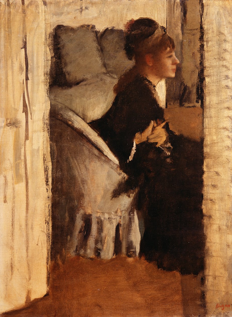 Nainen laittaa käsineet tekijältä Edgar Degas