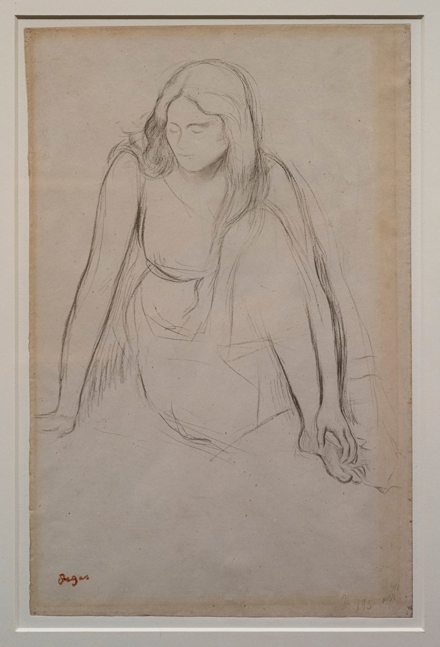 Nainen istuu veden äärellä. Noin 1867-1868. Musta lyijykynä veliinipaperilla. tekijältä Edgar Degas
