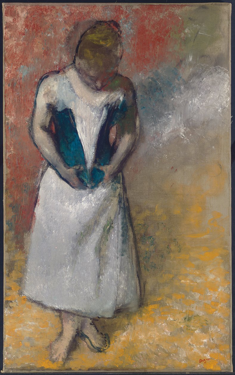 Nainen seisomassa edestä ja sulkemassa korsettiaan, 1883 tekijältä Edgar Degas
