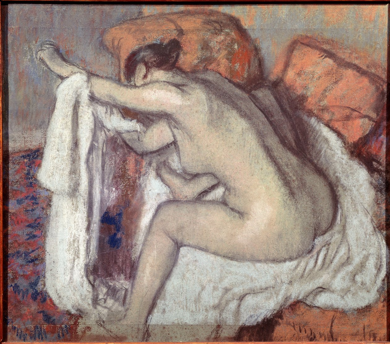 Nainen pyyhkii käsiään. Edgar Degasin (1834-1917) maalaus. Pastelli. Sao Paulon taidemuseo, Brasilia tekijältä Edgar Degas