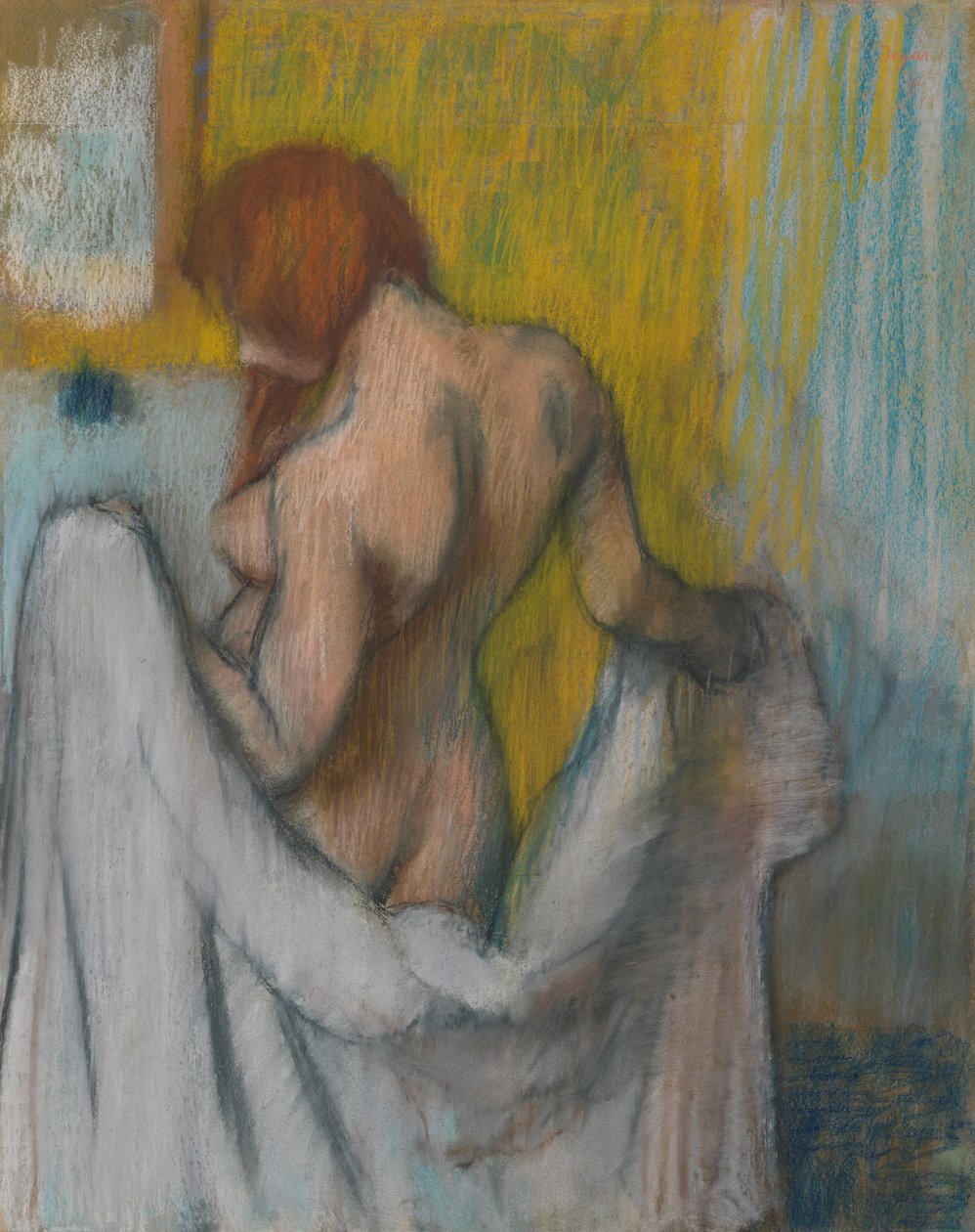 Nainen pyyhkeen kanssa, 1894 tai 1898 (pastelli, kermanvärinen paperi, jossa punaisia ja sinisiä kuituja). tekijältä Edgar Degas