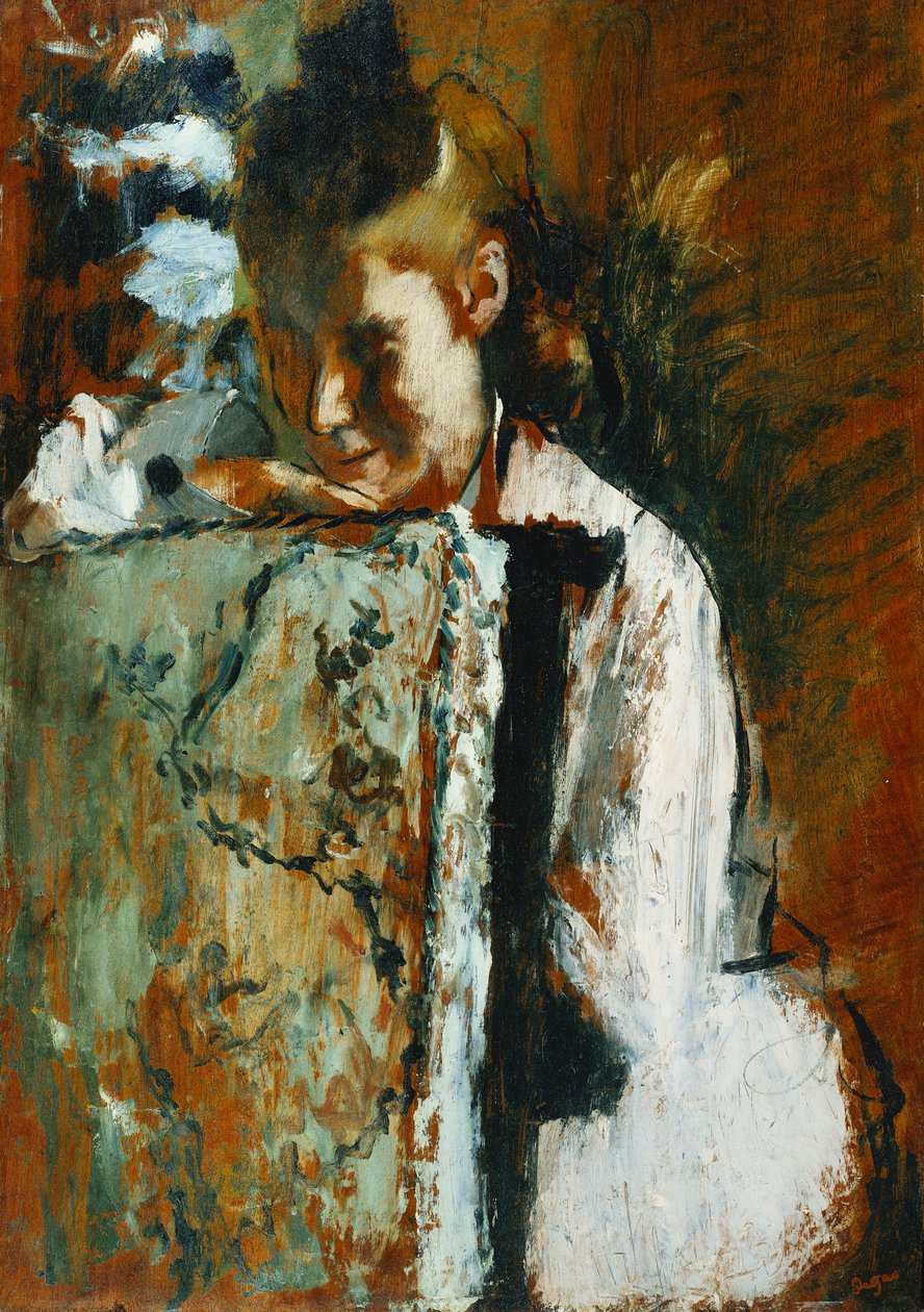 Nuori tyttö istuu nojaten tuolin selkänojaa vasten; Nuori tyttö istuu nojatuolin selkänojalle, n. 1889 tekijältä Edgar Degas