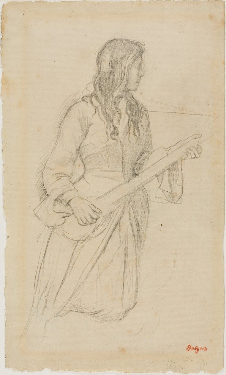 Nuori nainen soittamassa mandoliinia, Study for Mllen muotokuva. Fiocre baletissa "La Source" tekijältä Edgar Degas