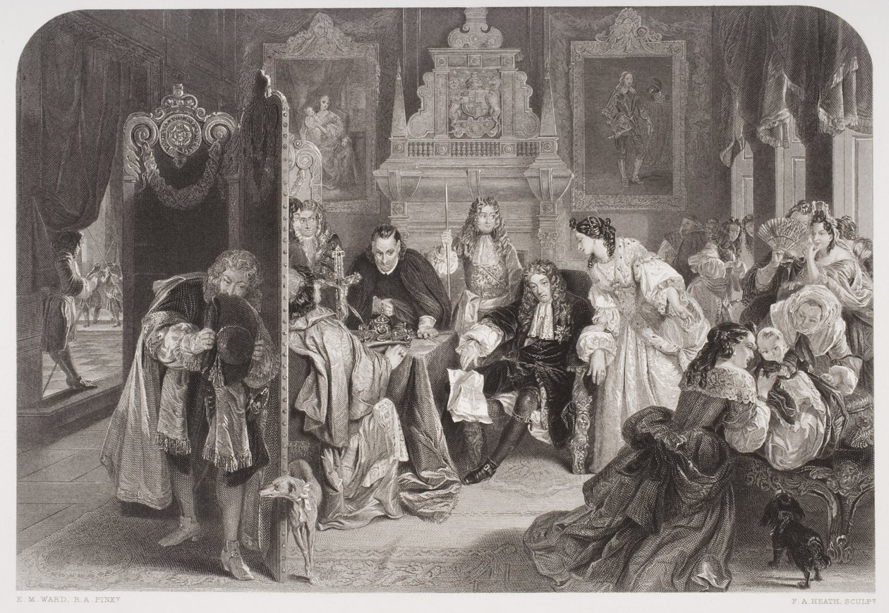James II (1633-1701) saa uutisen Oranssin prinssin laskeutumisesta maihin, jonka kaiverrus F.A. Heath tekijältä Edgar Melville Ward
