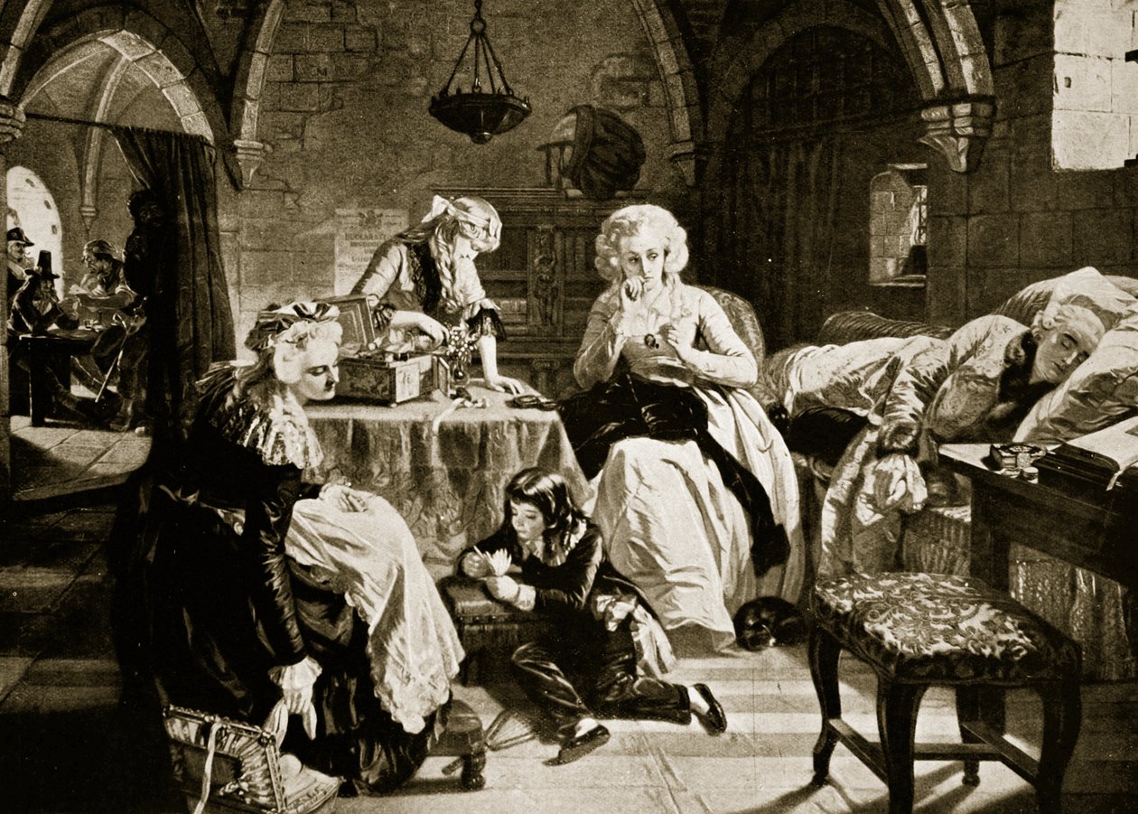 Ludvig XVI ja hänen perheensä temppelissä, kuvitus "Hutchinsonin kansojen historiasta", n. 1915 tekijältä Edgar Melville Ward